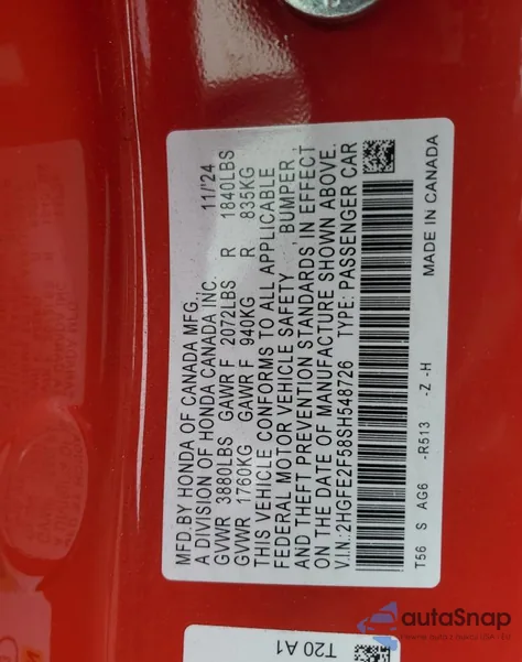 2025 Honda Civic Sport from USA, damaged, VIN 2HGFE2F58SH548726